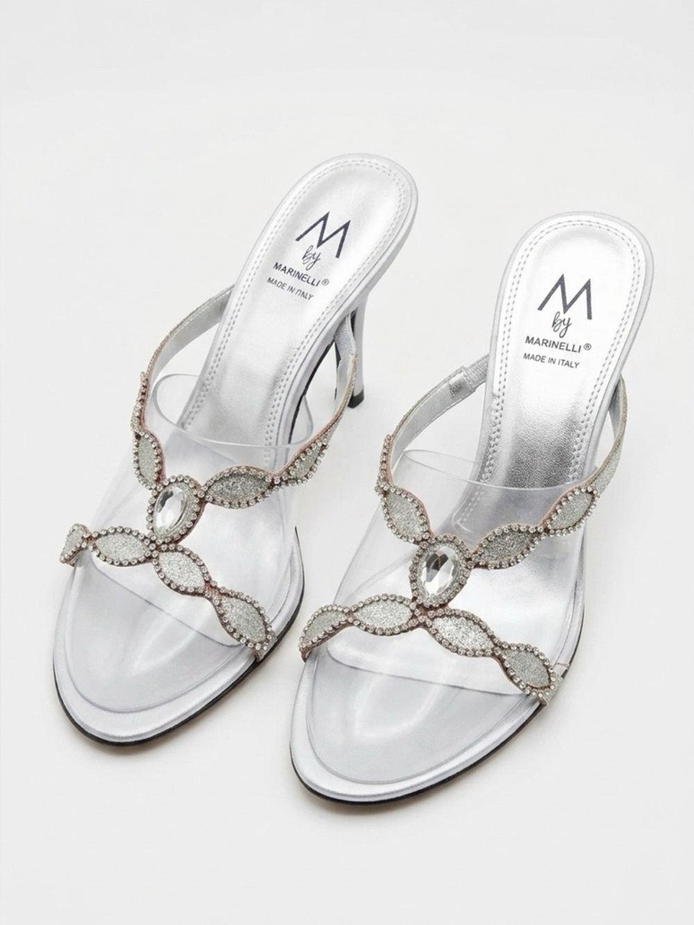 SILVER BACKLESS SANDALS w RHINESTONES 3” HEEL SIZE 7.5 by M by MARINELLI